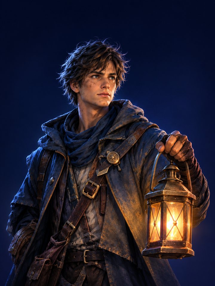 Aeron, a young man in a worn travelling coat holding a glowing brass lantern