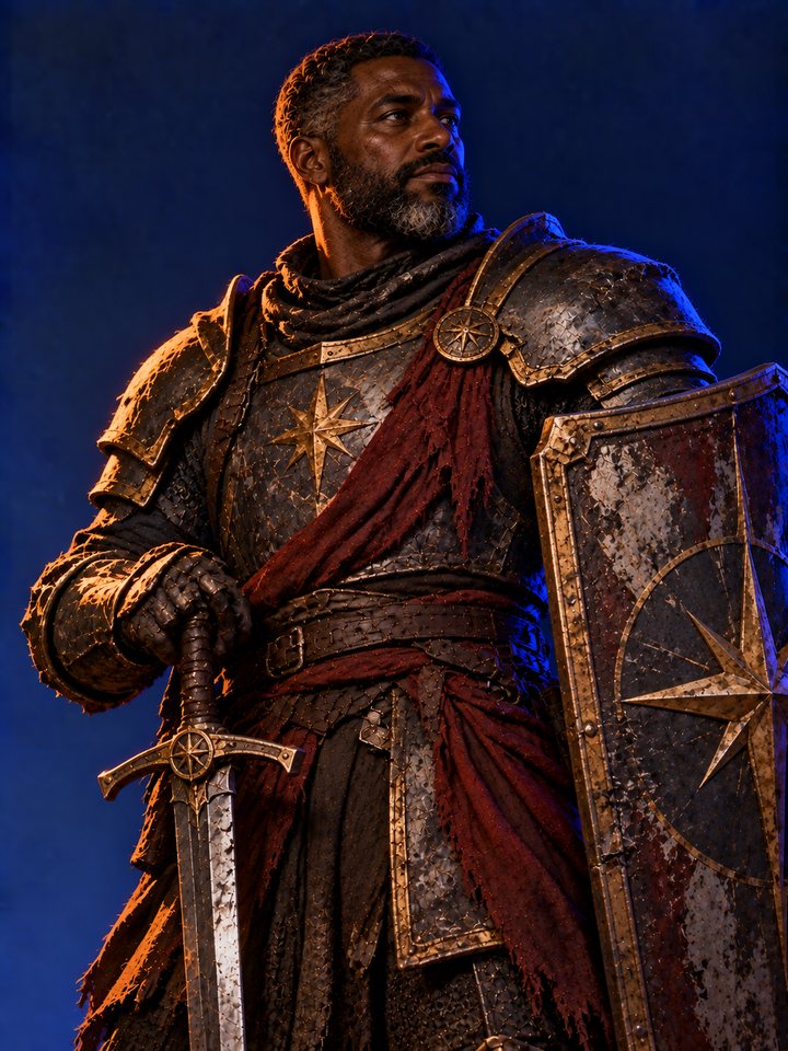 Aldren, a veteran gate captain in dented plate armour with a tall shield