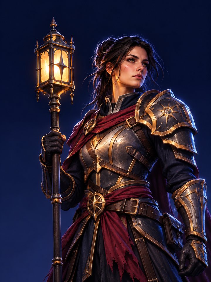 Hesper, an armoured Warden holding a lamp on a pole