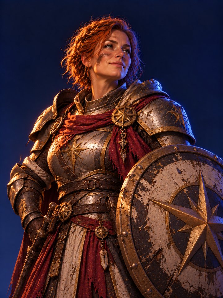 Maud Ironside, a red-haired blacksmith's daughter in battered armour with a round shield