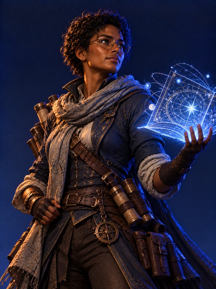 Oriel, a scholar-mage in round spectacles with a glowing star chart