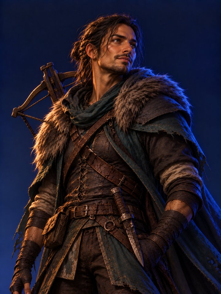 Rowan Ashby, a hooded tracker with a crossbow in a fur-trimmed cloak