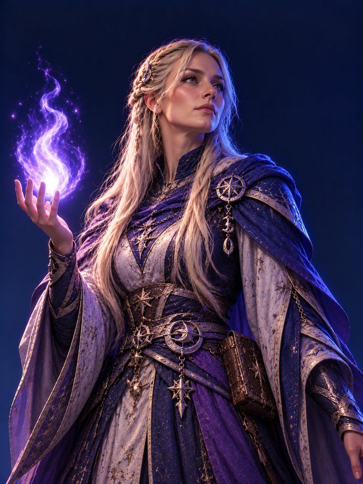 Seraphine, an Archmage in violet robes holding a pale flame