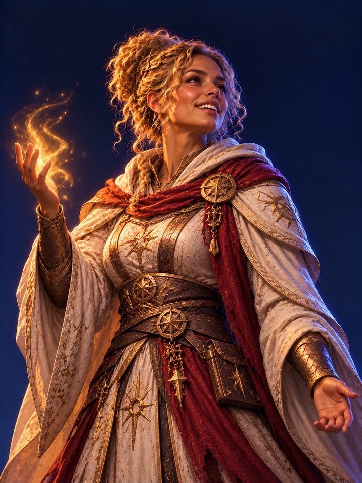 Solenne, a golden-haired Dawnsinger in white and gold robes with a flame of light in her hand