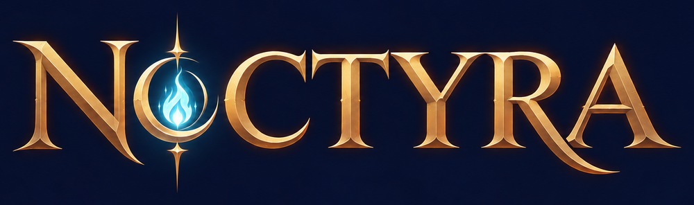 Noctyra logo: gold lettering with a glowing blue lantern flame in the O