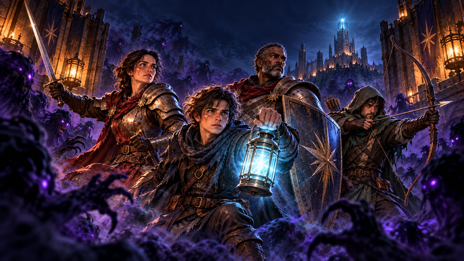 Hesper, Aldren, Rowan and Aeron stand together at the Keep gate at night, Aeron's cyan lantern pushing back the dark